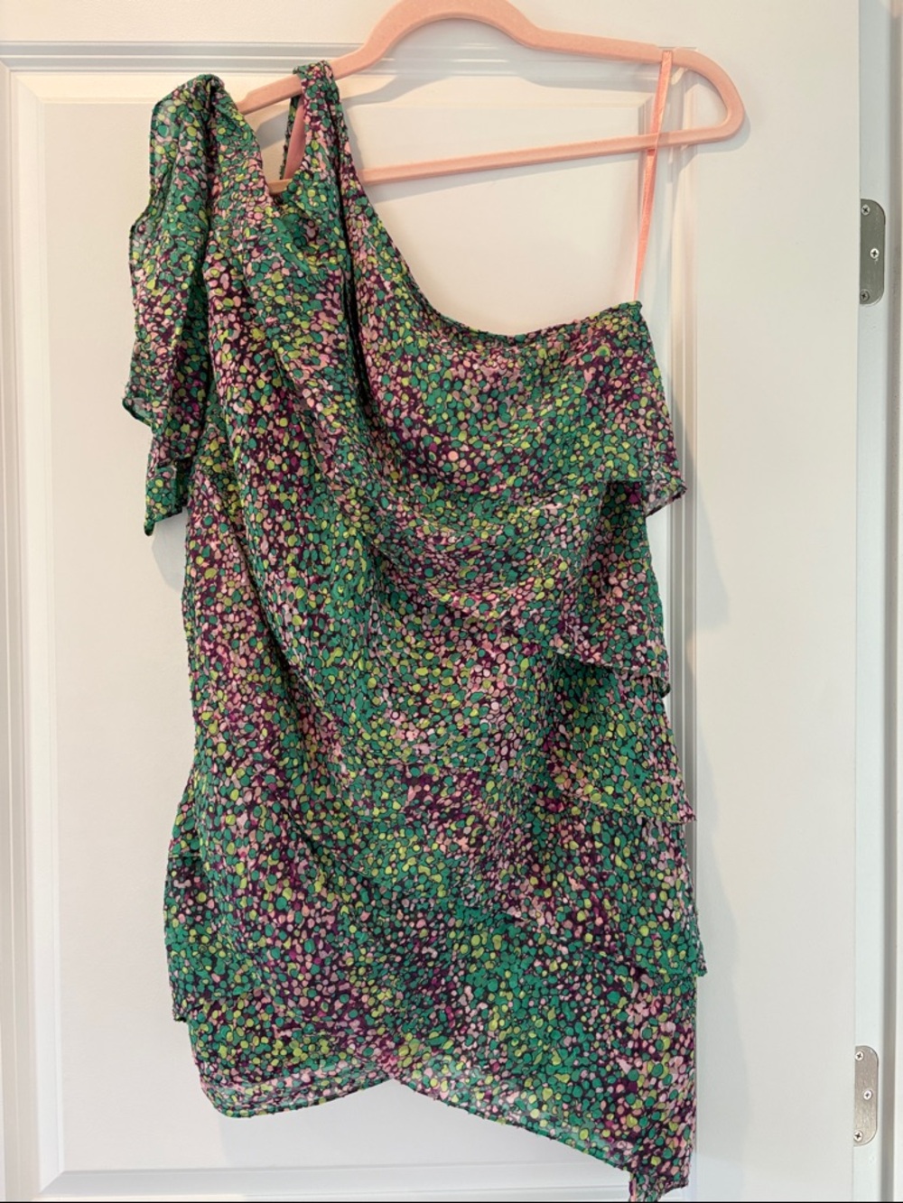 BCBGMaxAzria Green Floral One-Shoulder Ruffle Dress